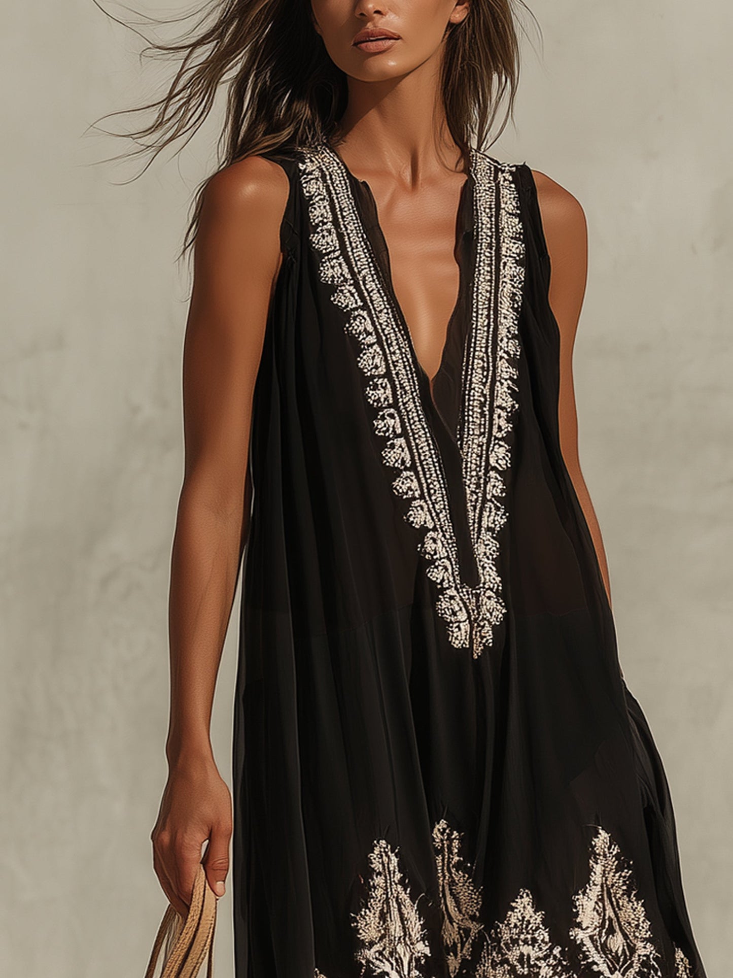 Black Deep V-Neck Chiffon Embroidered Maxi Dress