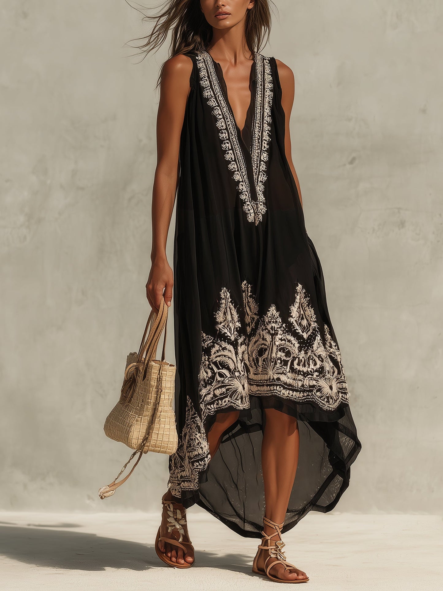 Black Deep V-Neck Chiffon Embroidered Maxi Dress