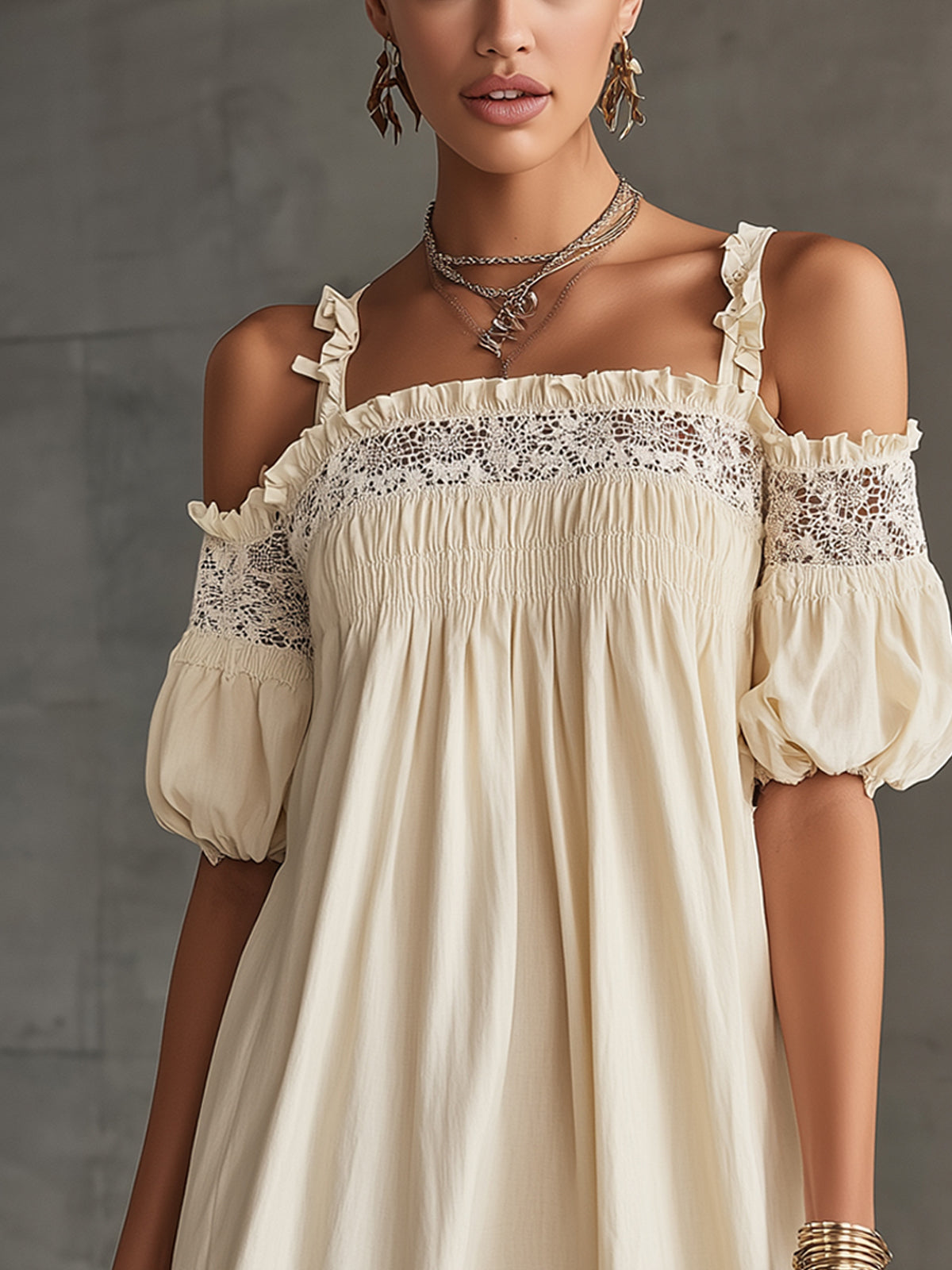 Cream Off-Shoulder Mini Dress With Crochet Lace Trim And Puff Sleeves