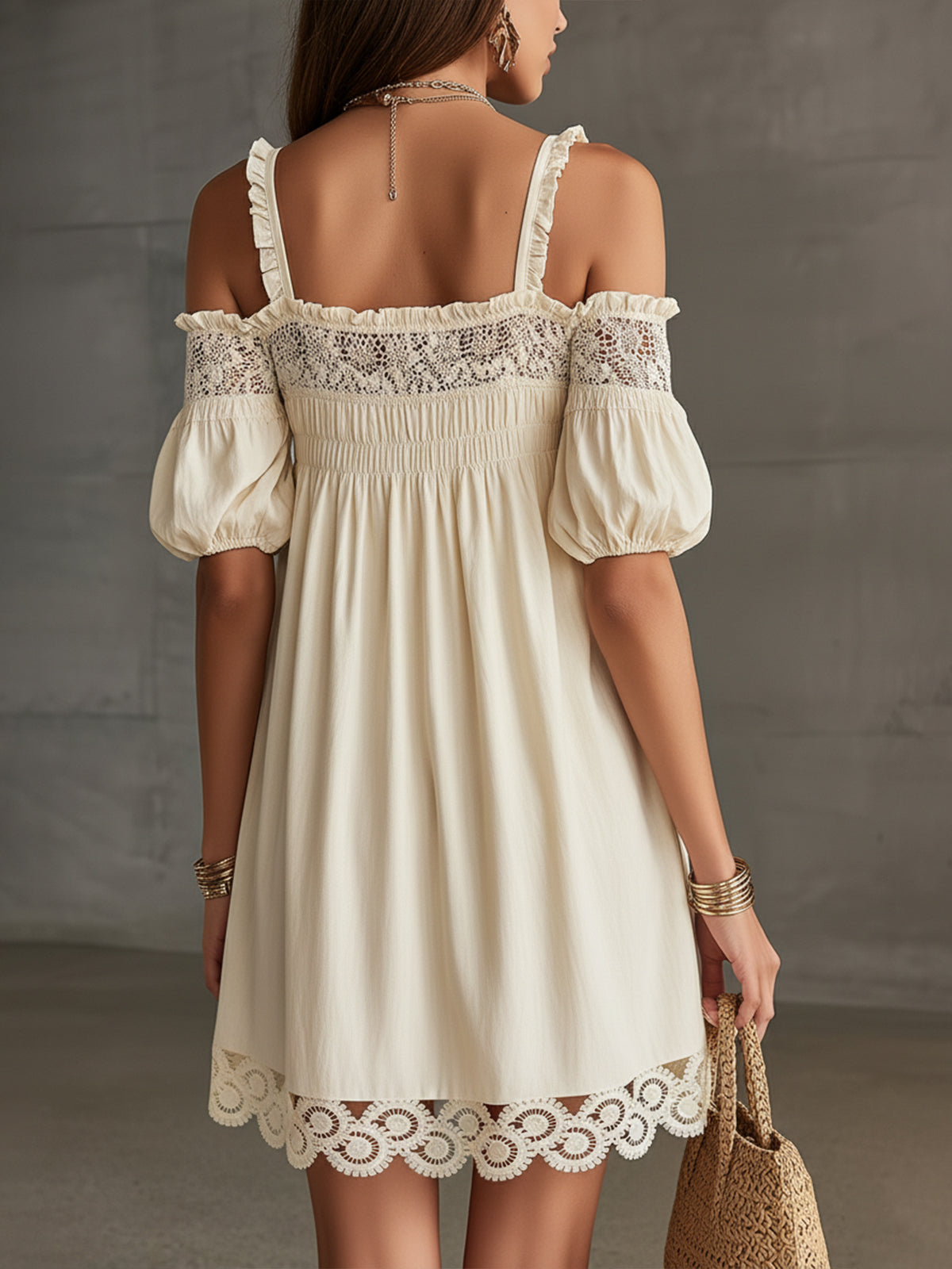 Cream Off-Shoulder Mini Dress With Crochet Lace Trim And Puff Sleeves