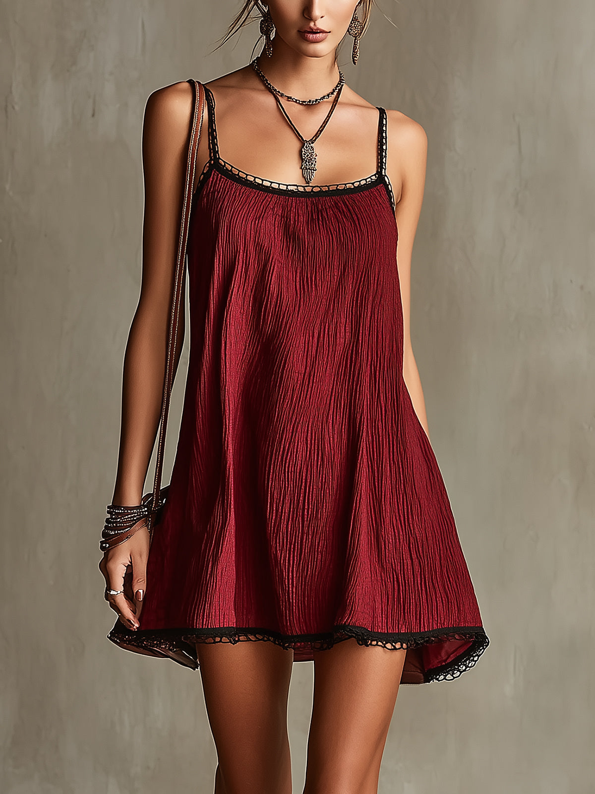 Wine Red Textured Spaghetti Strap Mini Dress with Black Lace Trim