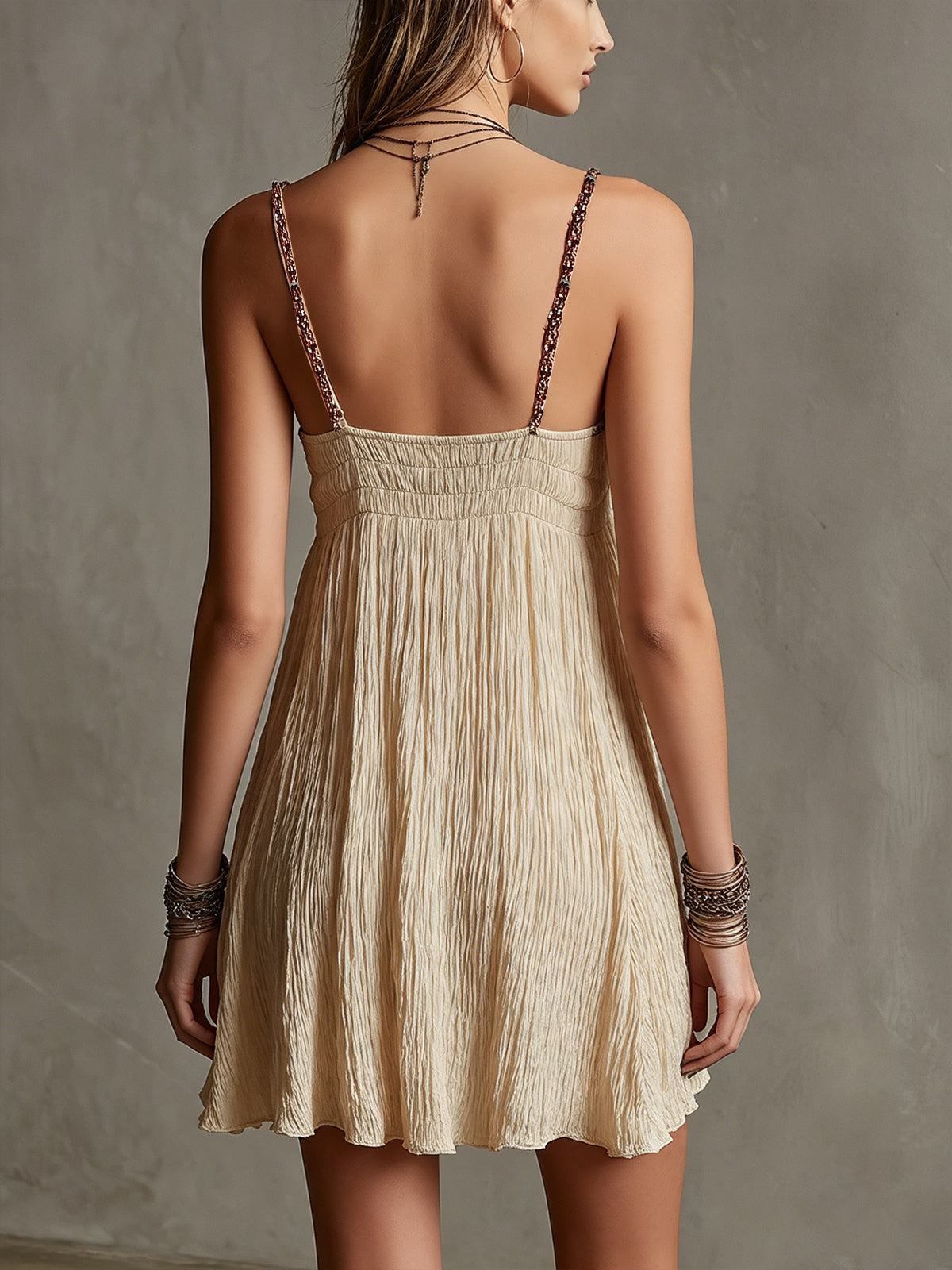 Beige Crinkled Spaghetti Strap Mini Dress With Braided Trim Detail
