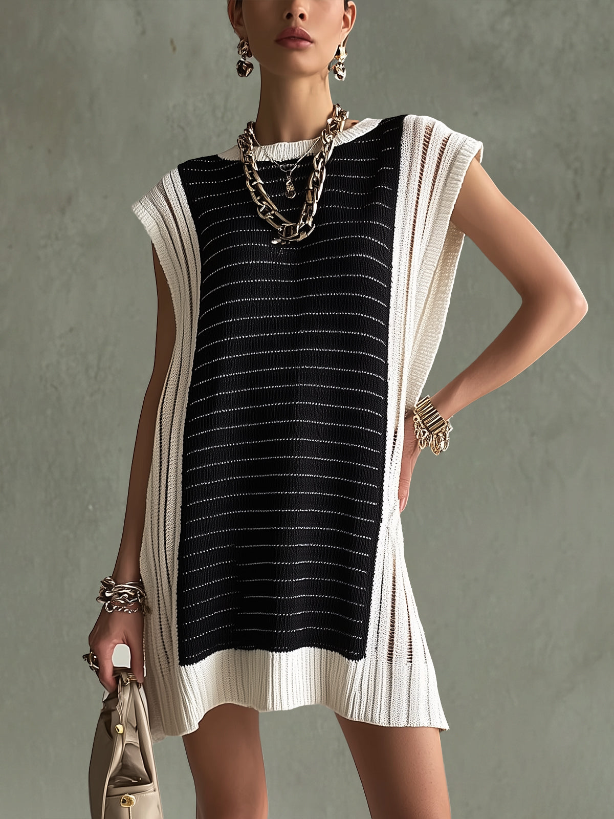 Black And White Contrast Knit Sleeveless Mini Dress