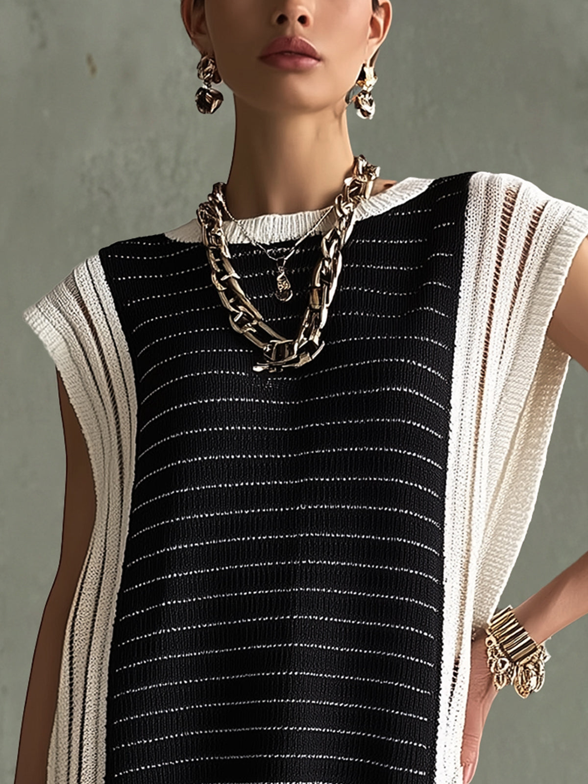 Black And White Contrast Knit Sleeveless Mini Dress