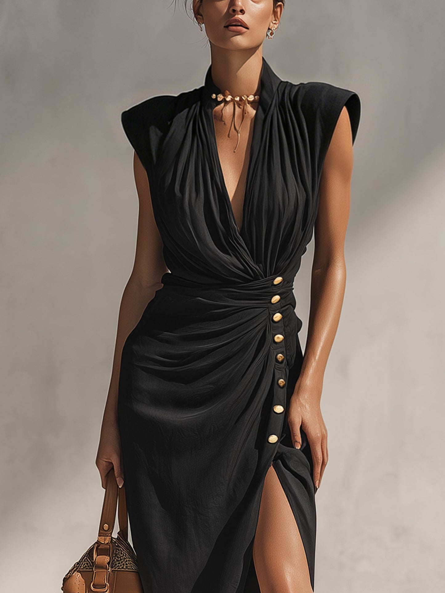 Black Sleeveless Knit Maxi Dress With Gold Button