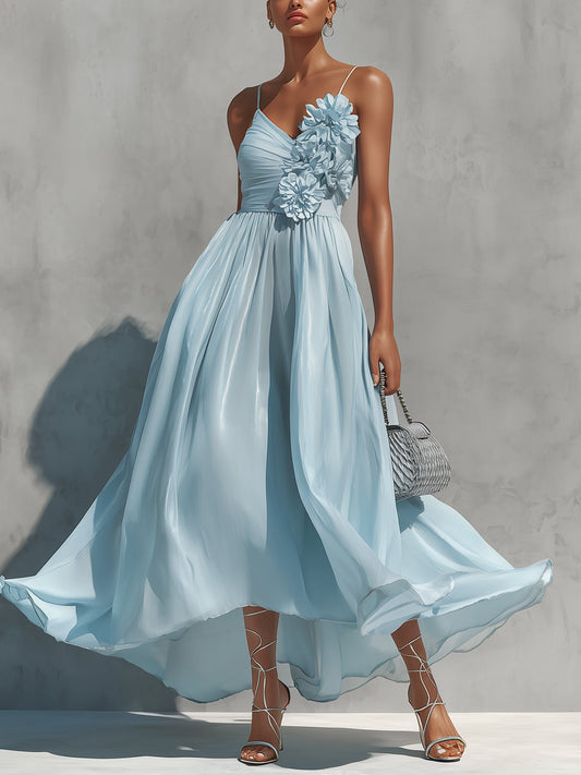 Blue Chiffon 3D Floral Maxi Dress