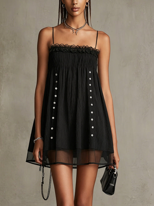 Black Lace Trim Spaghetti Strap Mini Dress With Sheer Hem Detail