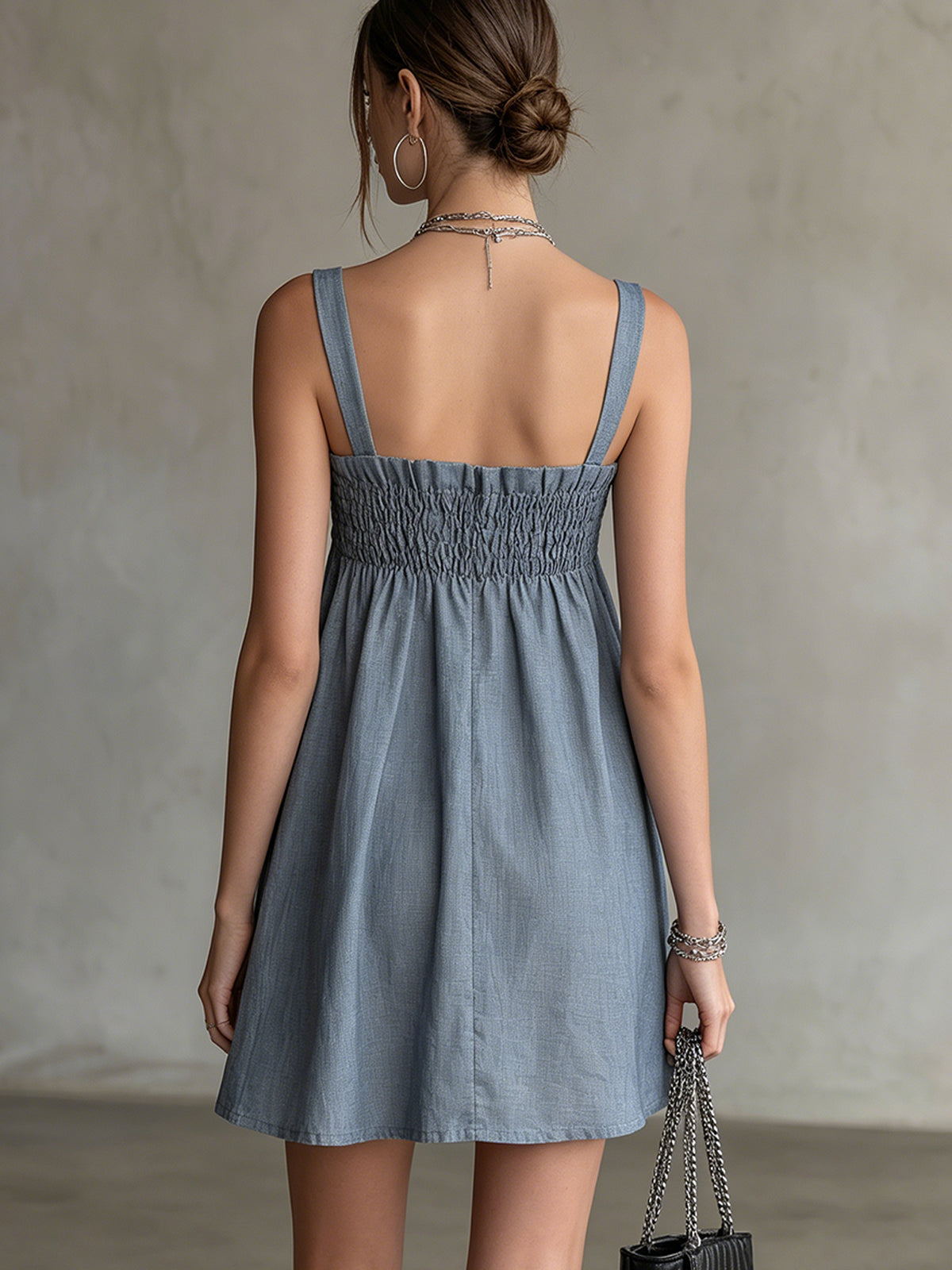 Blue Smocked Square-Neck Mini Dress With Wide Straps