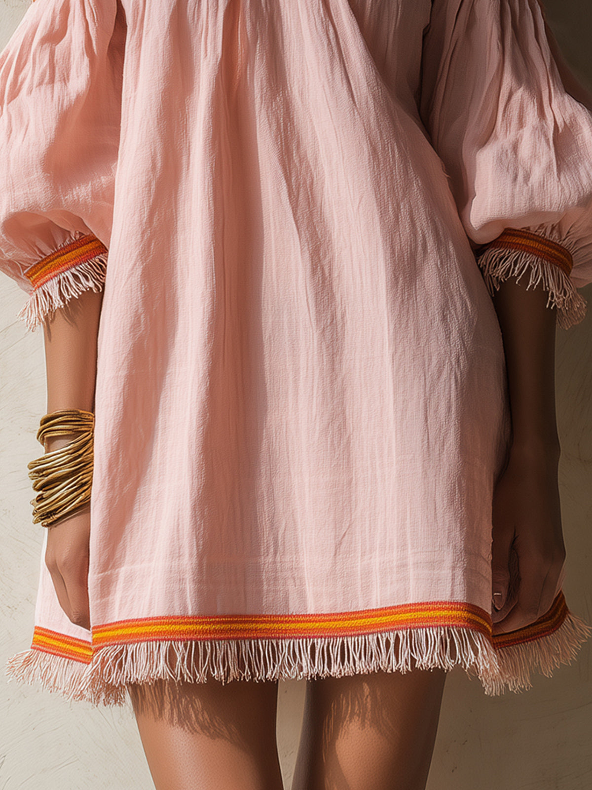 Pink Off-Shoulder Mini Dress With Orange Fringe Trim