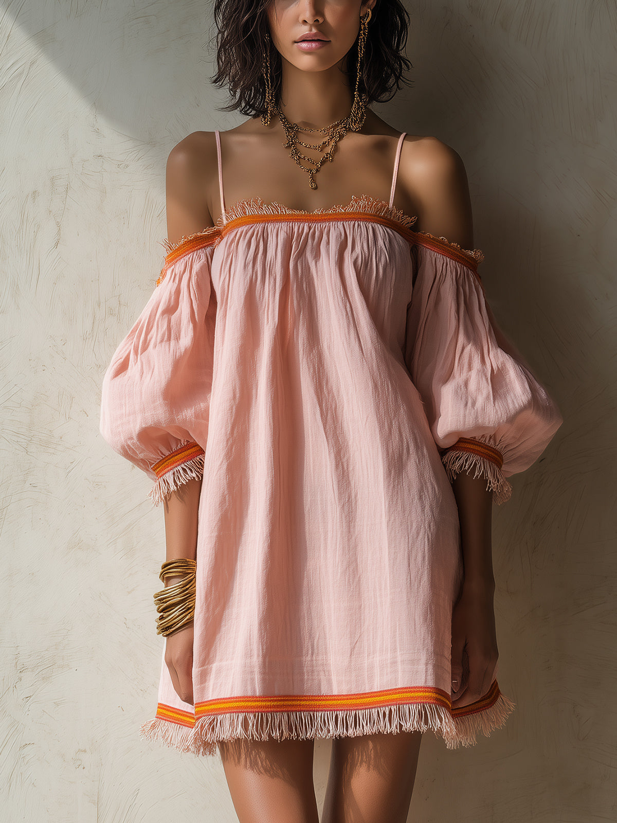 Pink Off-Shoulder Mini Dress With Orange Fringe Trim