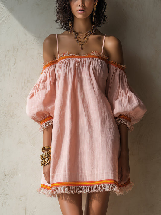 Pink Off-Shoulder Mini Dress With Orange Fringe Trim