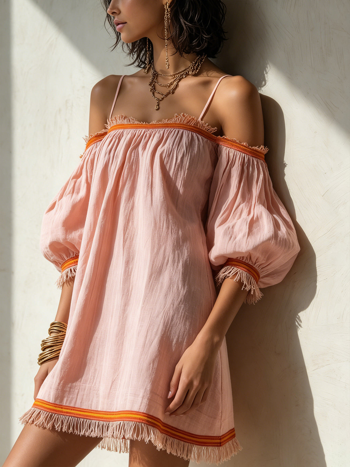 Pink Off-Shoulder Mini Dress With Orange Fringe Trim