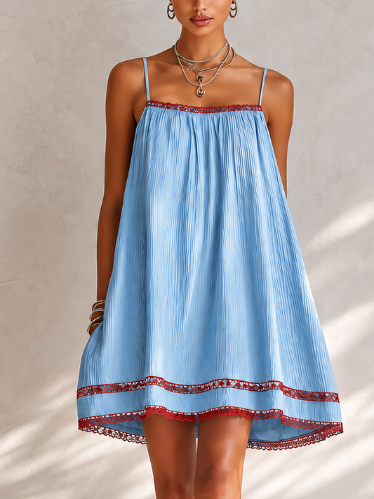 Sky Blue Textured Pleated Mini Dress With Lace Trim