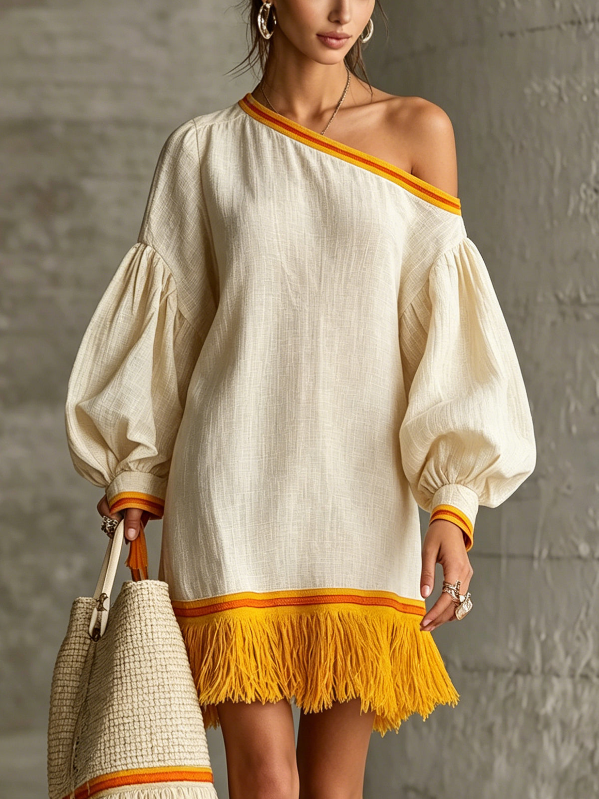 Ivory One-Shoulder Mini Dress With Balloon Sleeves And Yellow Fringe Hem