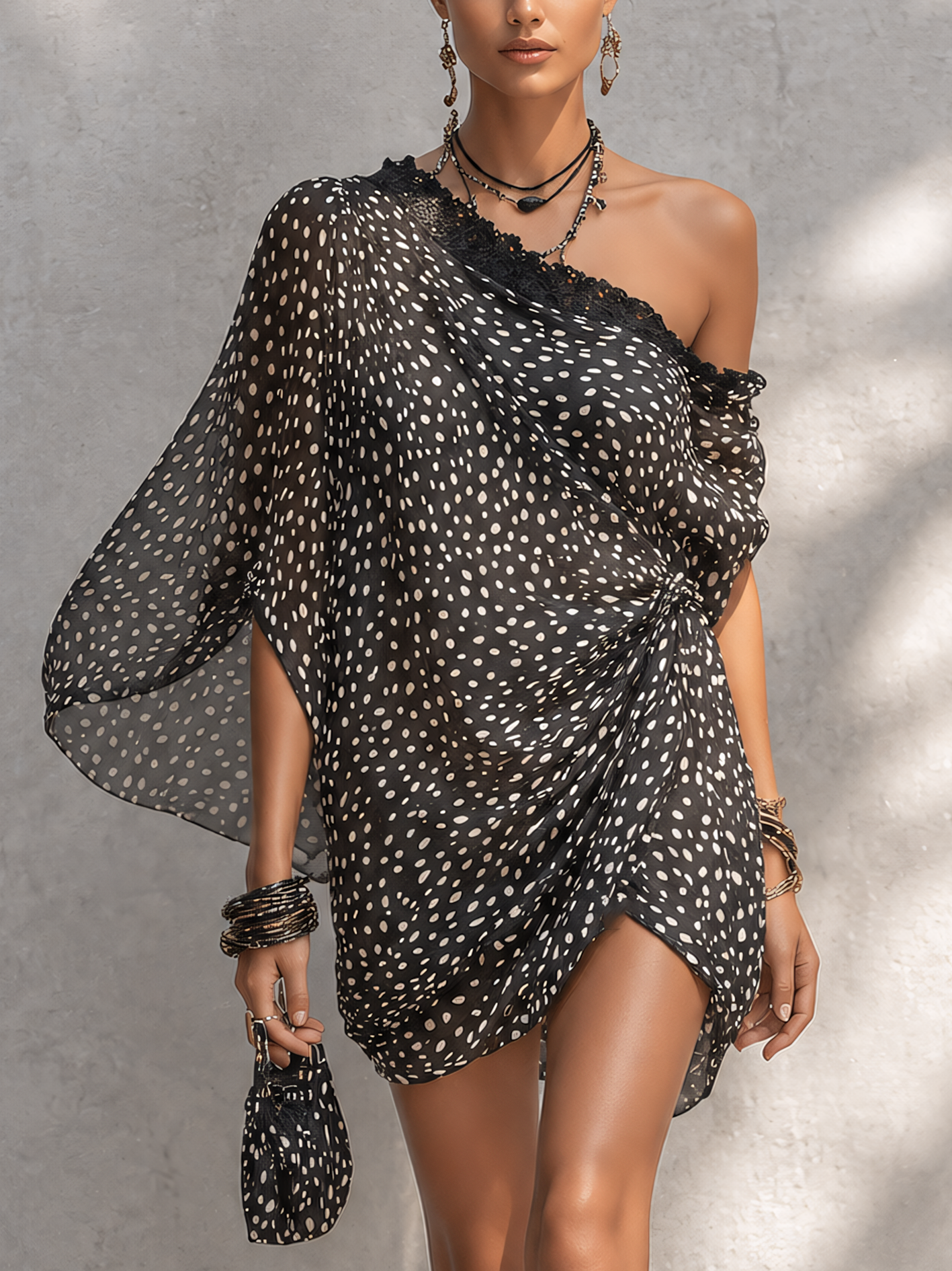 One Shoulder Black Polka Dot Lace Patchwork Chiffon Mini Dress