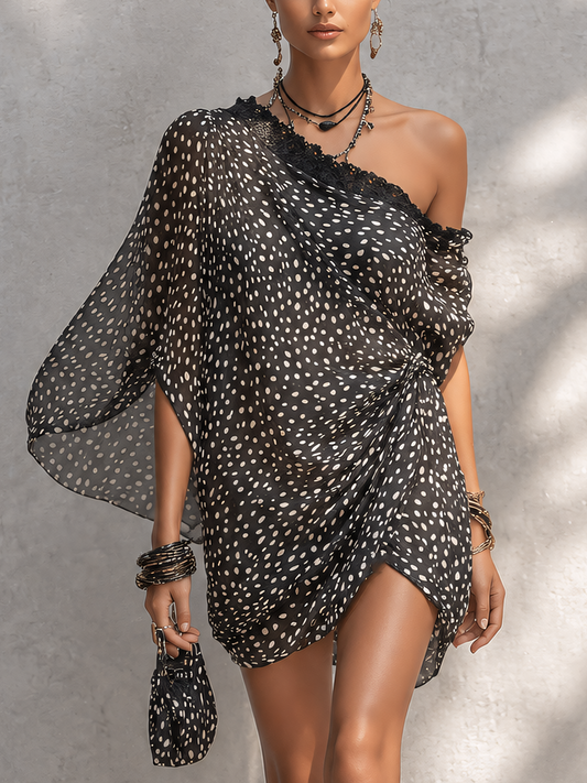 One Shoulder Black Polka Dot Lace Patchwork Chiffon Mini Dress