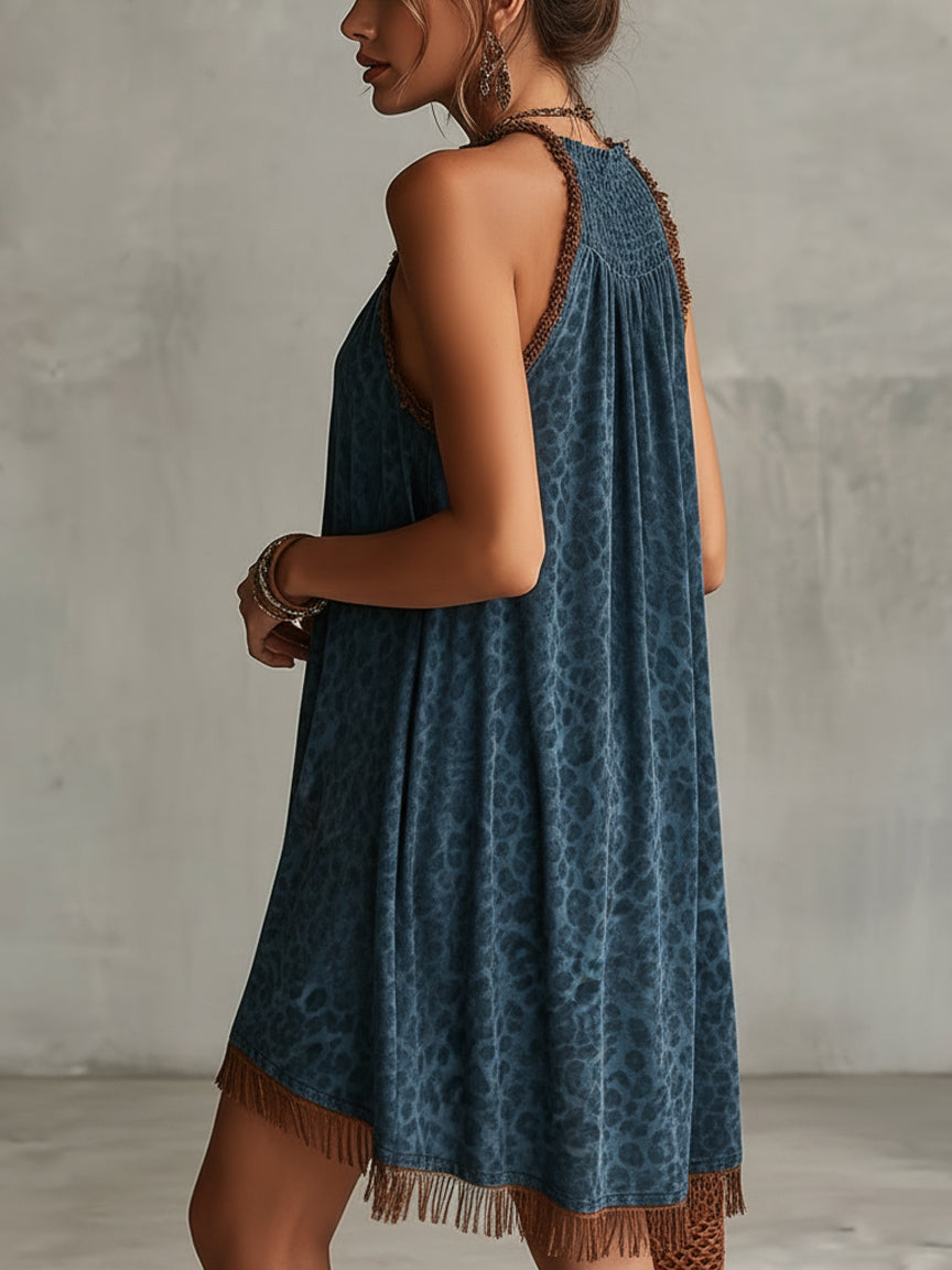 Blue Leopard Print Fringe Mini Dress