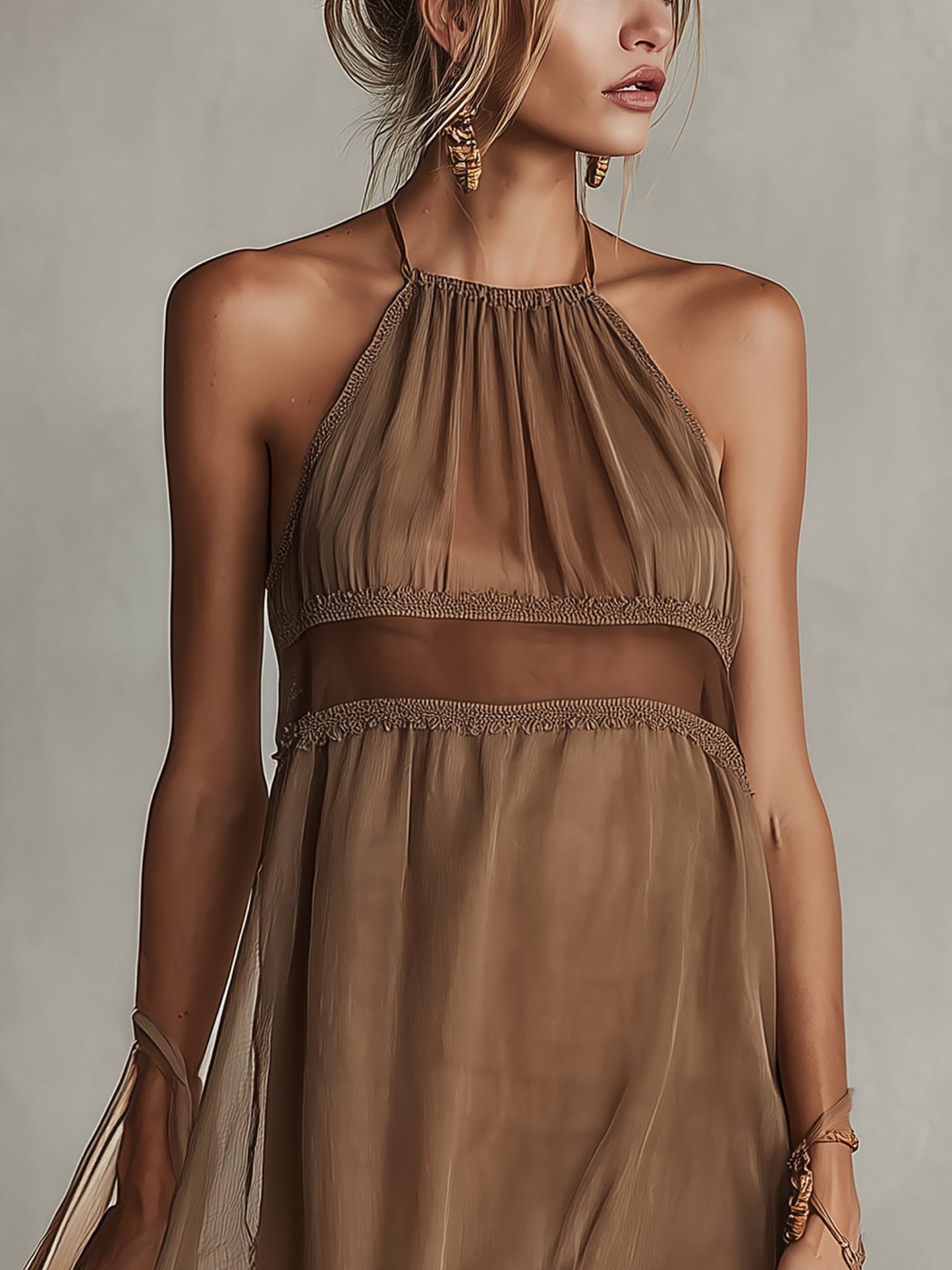Brown Sleeveless Chiffon Lace Mini Dress