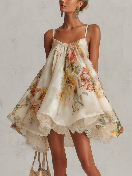Beige Floral Organza Lace Trim Mini Dress