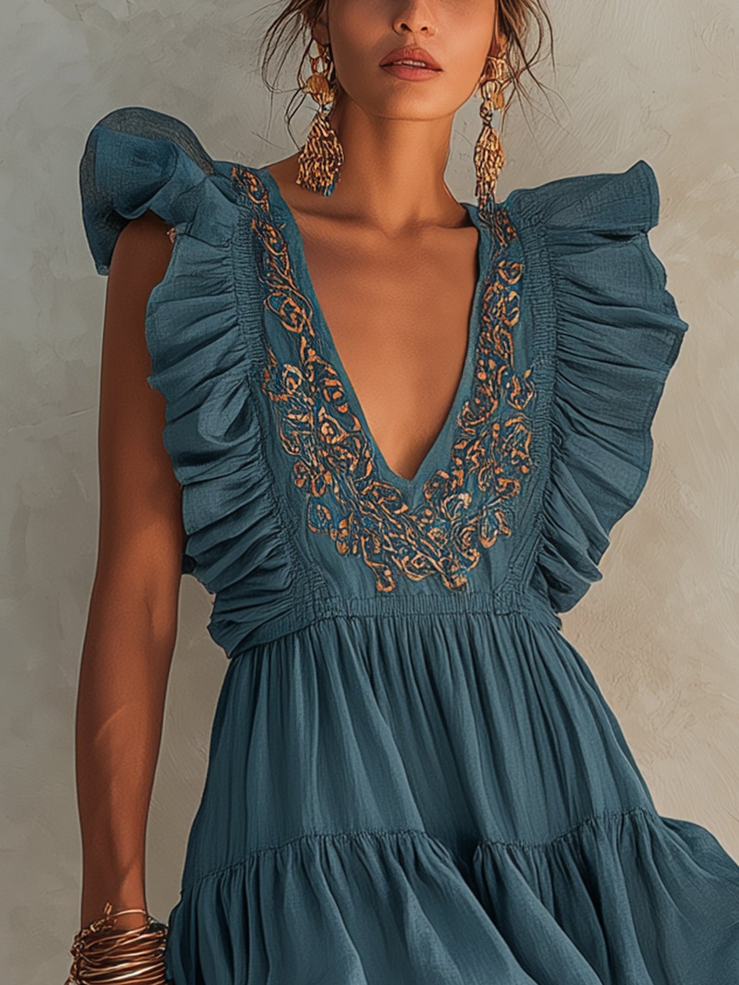 Blue Linen Deep V-Neck Embroidered Mini Dress