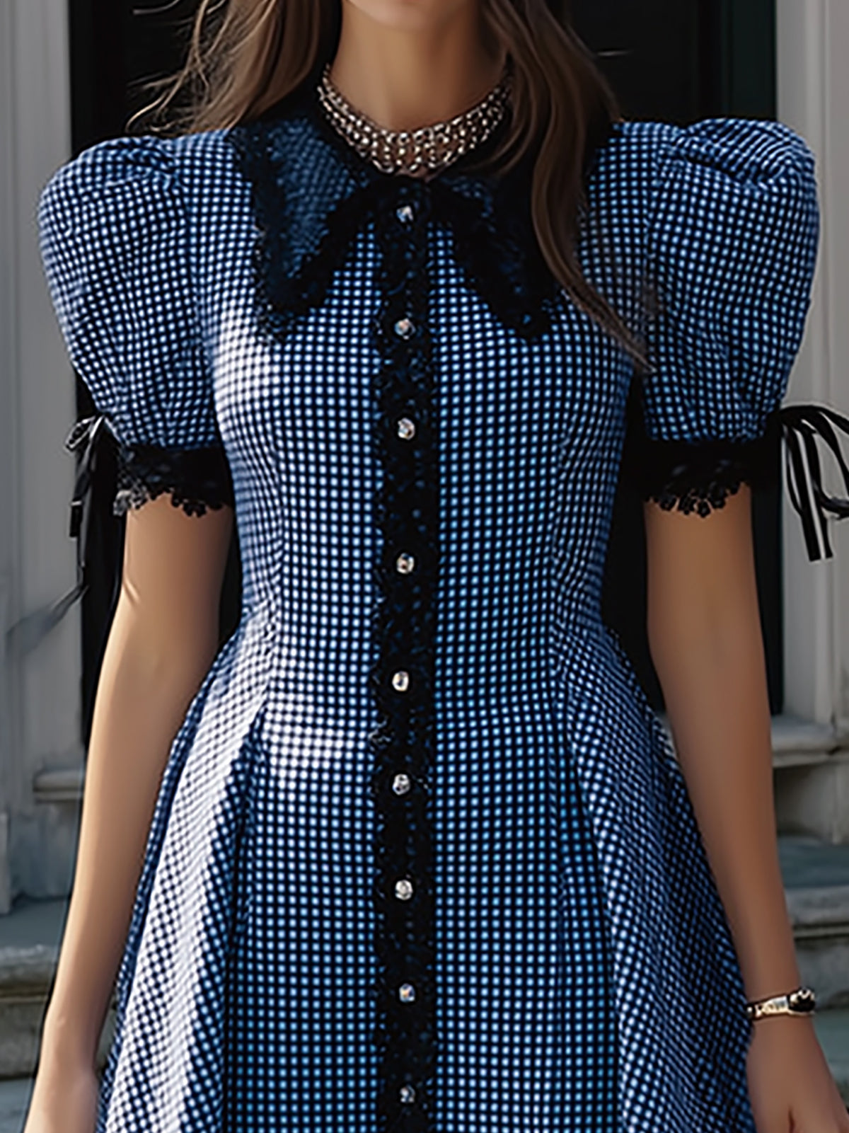 Blue Gingham Black Lace Trim Puff Sleeve Mini Dress