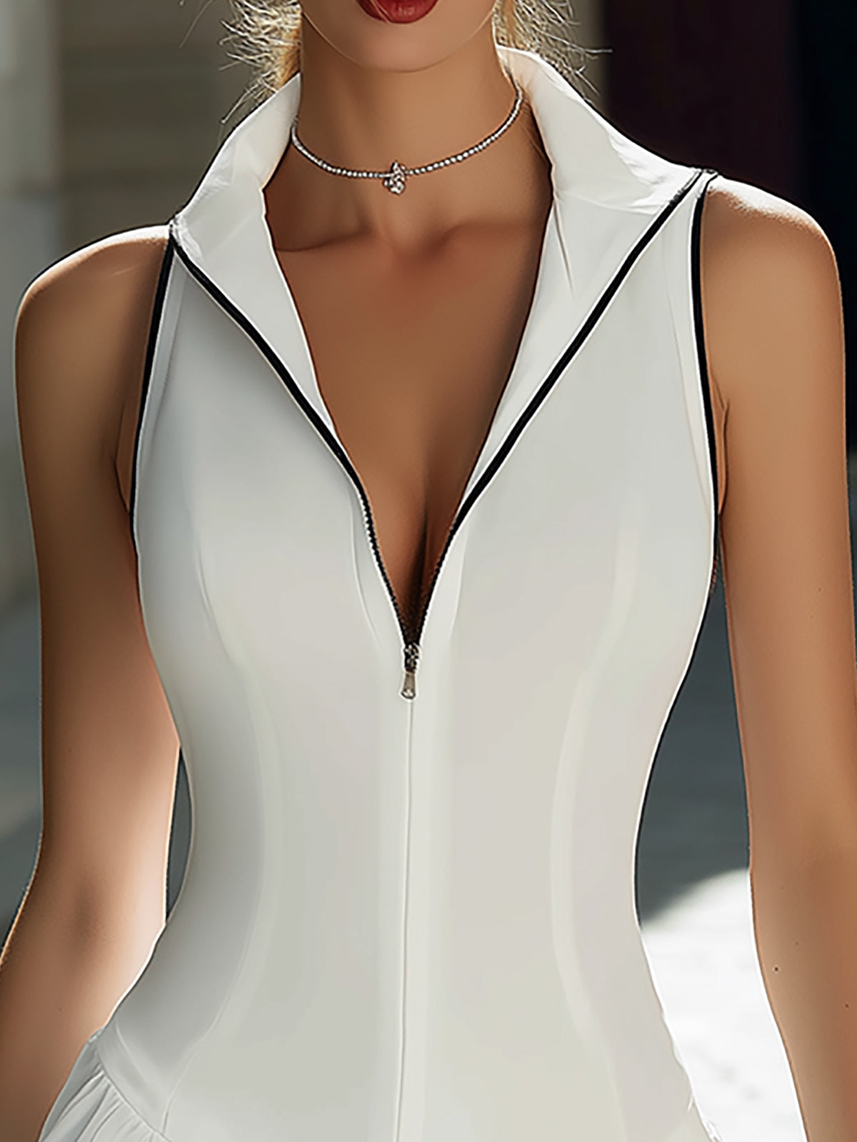 White Black Piping Sleeveless Tiered Ruffle Mini Dress