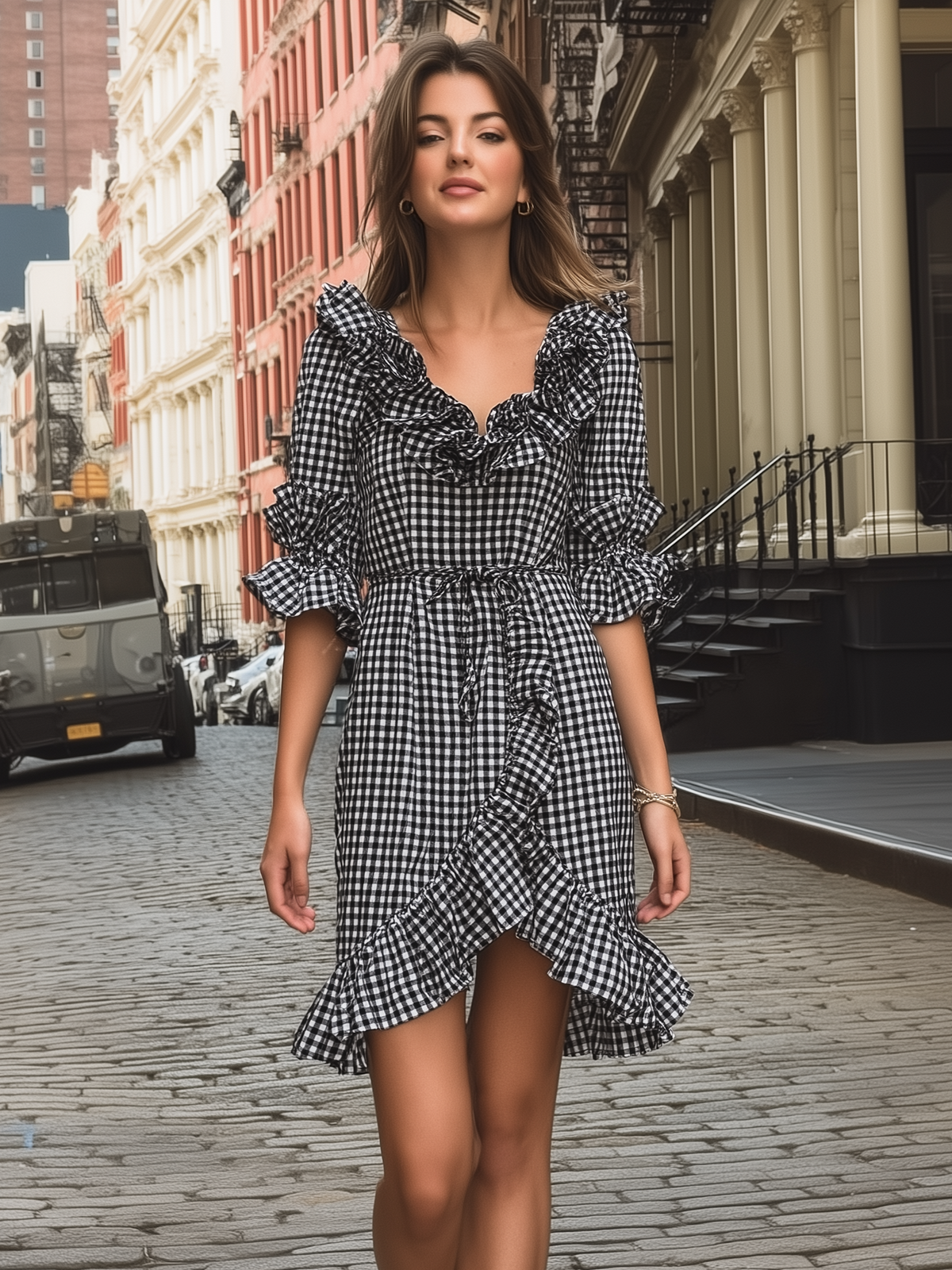 Ruffle Trim Wrap Gingham Mini Dress