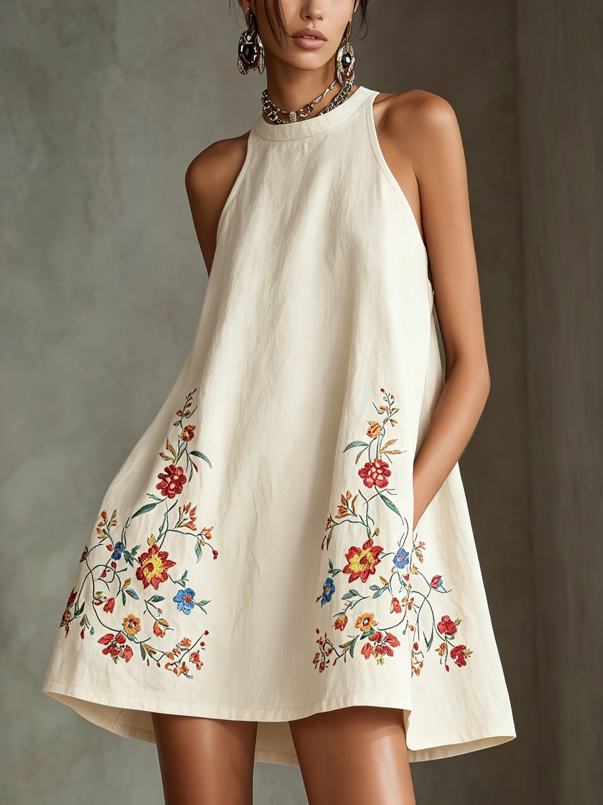 Black Embroidered Halter A-Line Mini Dress