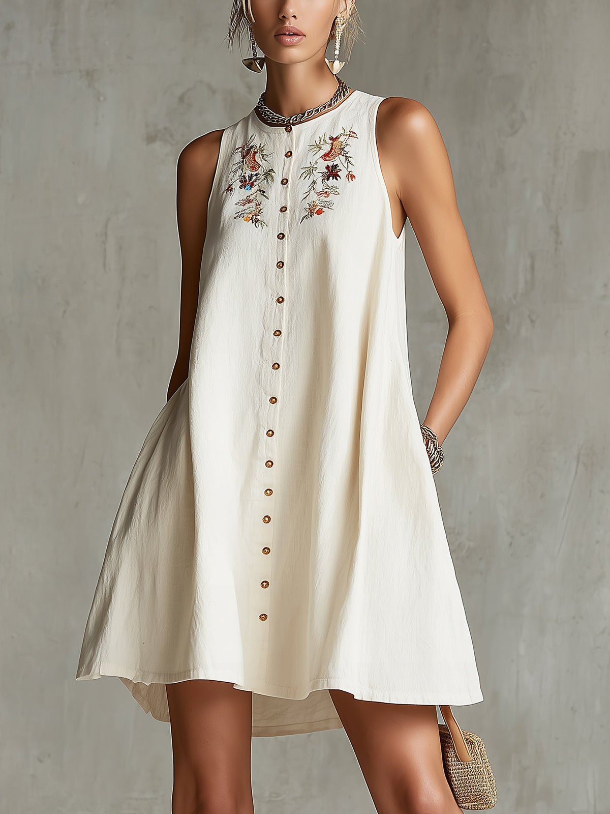 Ivory Sleeveless Button-Front Mini Dress With Floral Embroidery