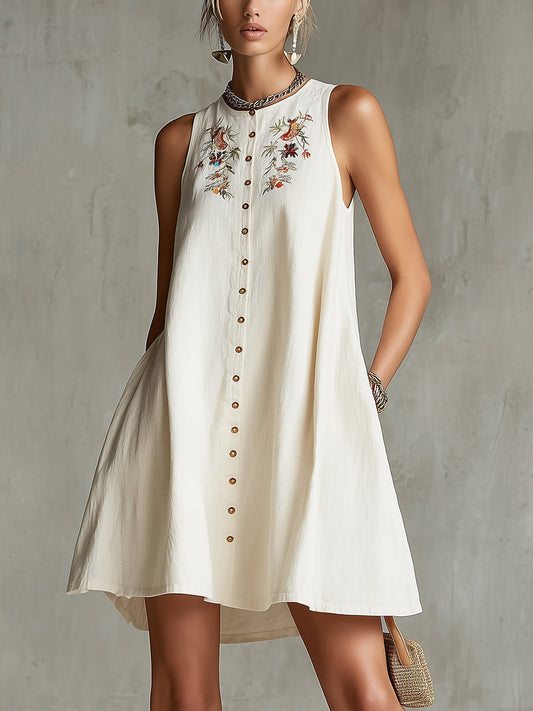 Ivory Sleeveless Button-Front Mini Dress With Floral Embroidery