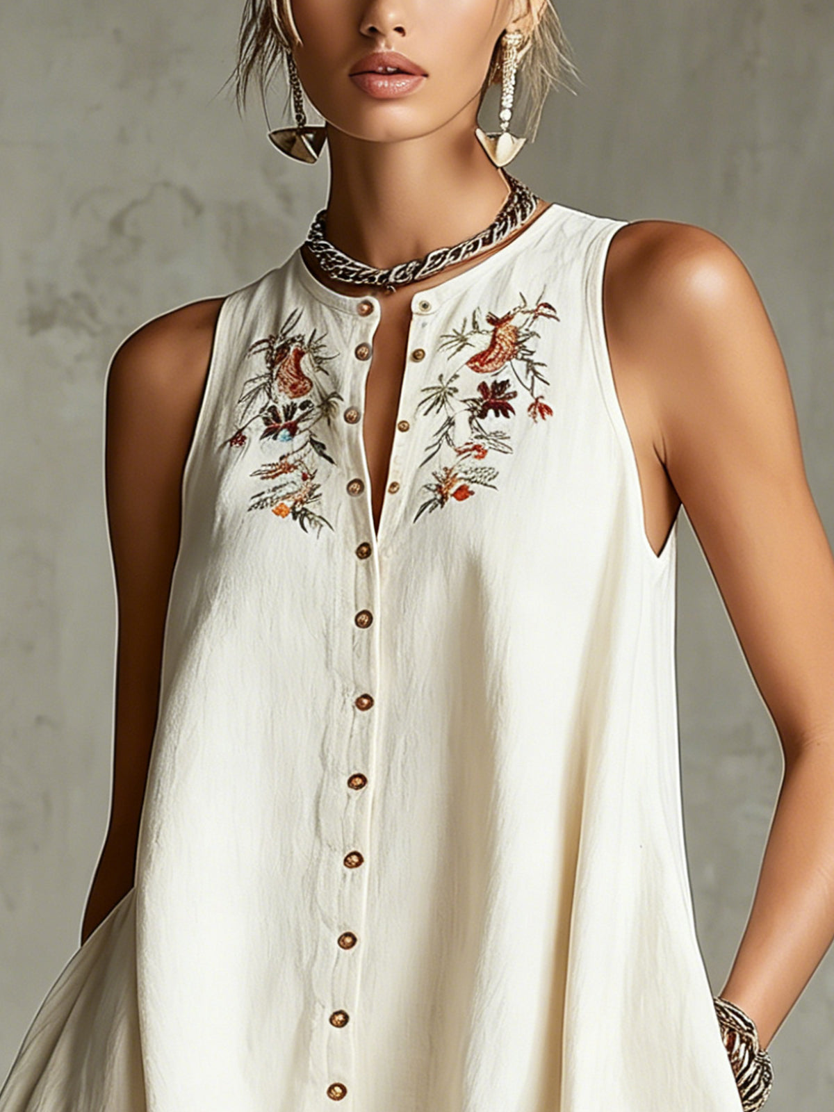 Ivory Sleeveless Button-Front Mini Dress With Floral Embroidery