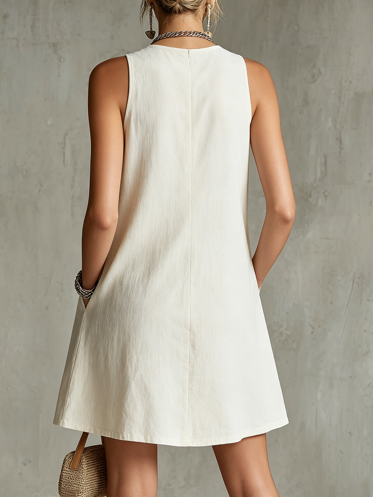 Ivory Sleeveless Button-Front Mini Dress With Floral Embroidery