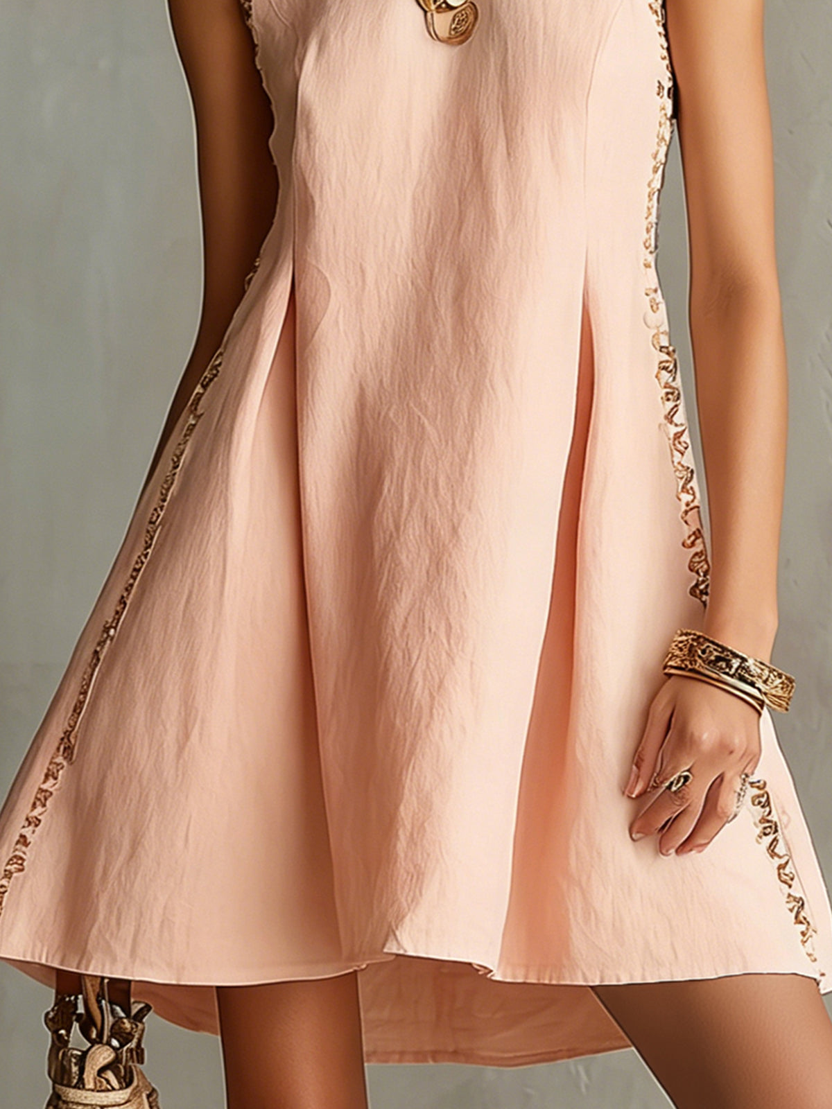 Pink Sleeveless Round Neck Mini Dress With Embroidered Trim Detail