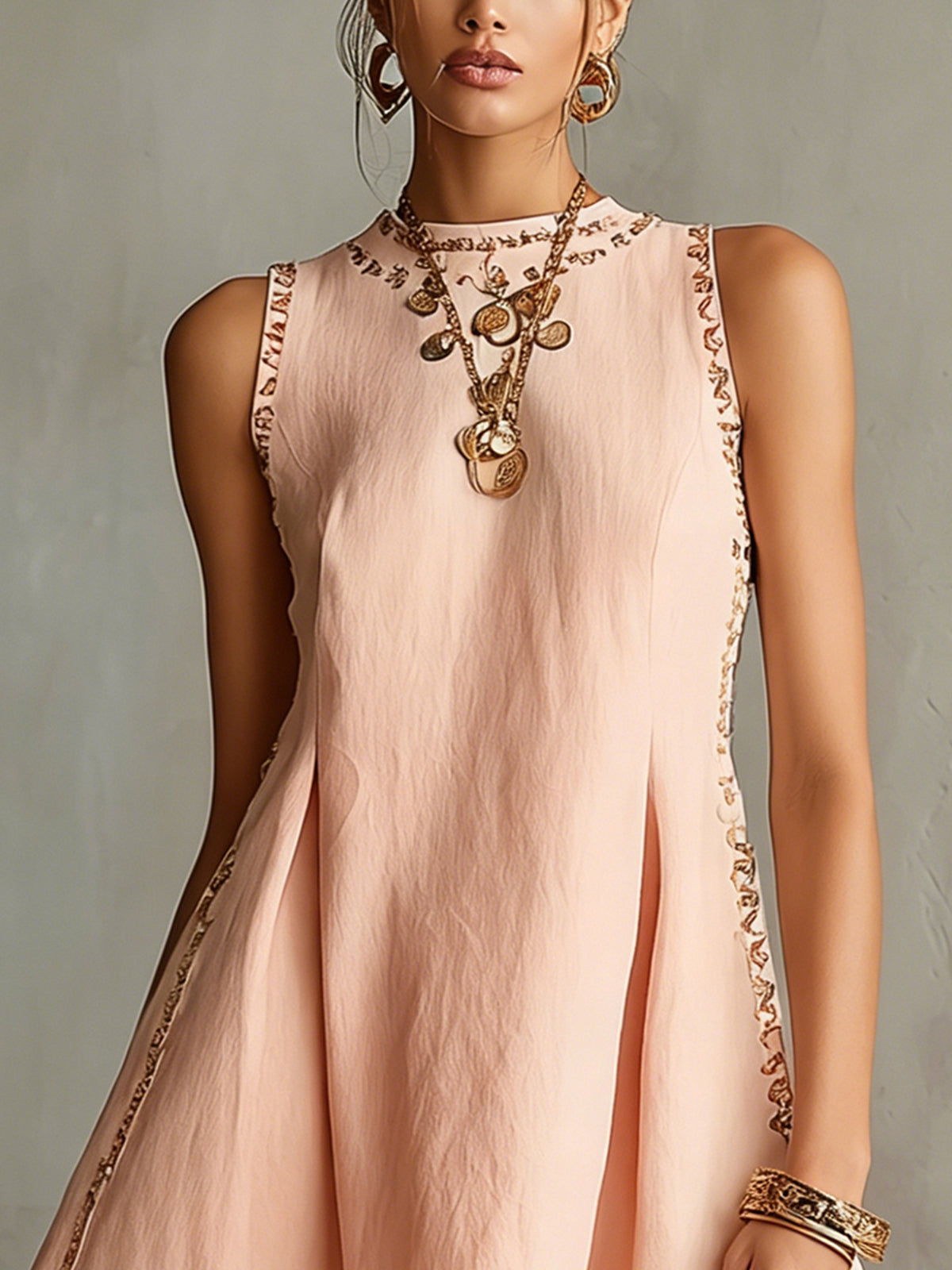 Pink Sleeveless Round Neck Mini Dress With Embroidered Trim Detail