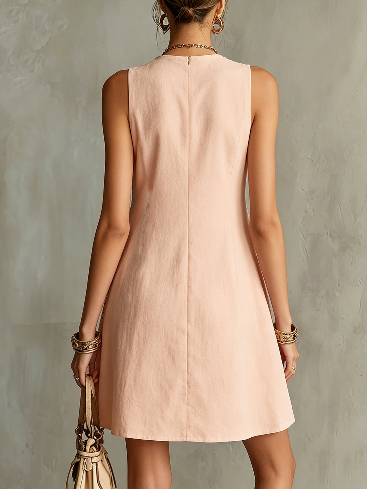 Pink Sleeveless Round Neck Mini Dress With Embroidered Trim Detail