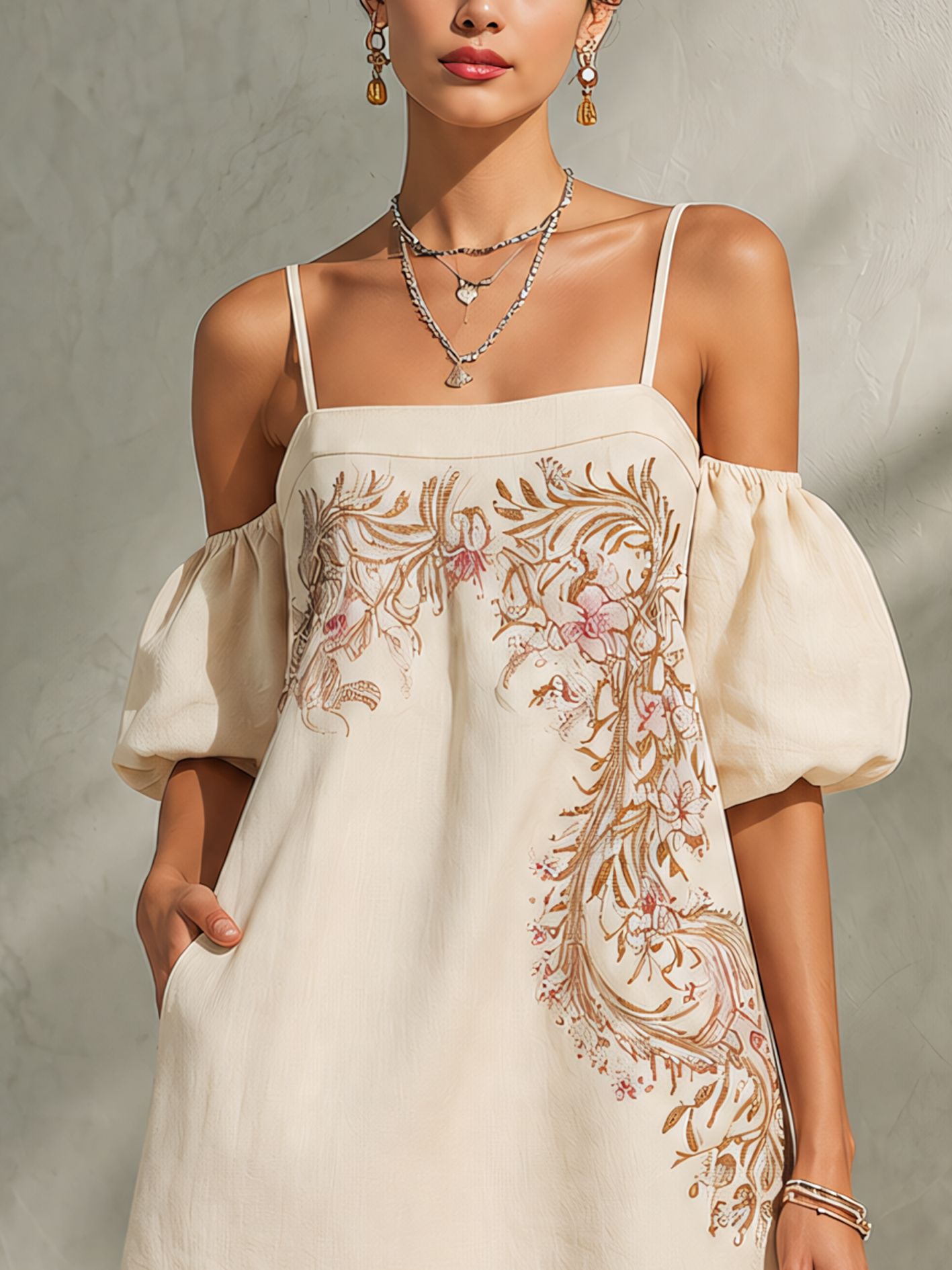 Beige Linen Cotton Embroidered Mini Dress