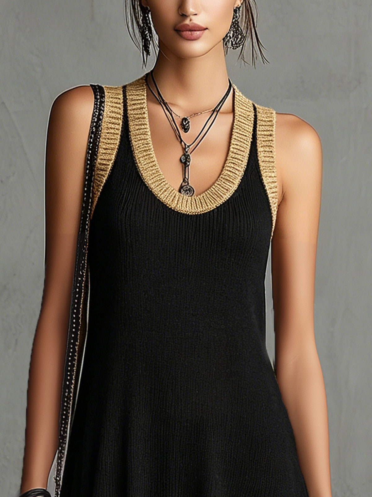 Black Knit Sleeveless Mini Dress With Gold Trim And Lace Hem