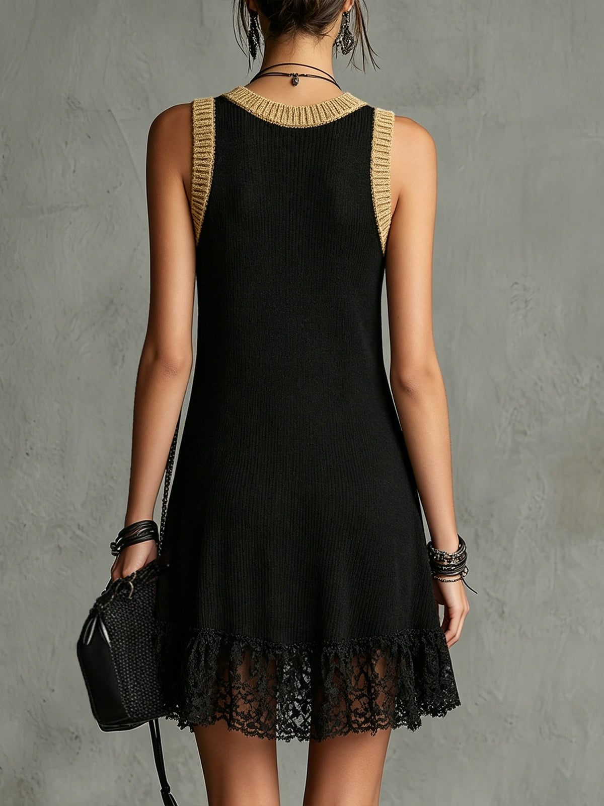 Black Knit Sleeveless Mini Dress With Gold Trim And Lace Hem