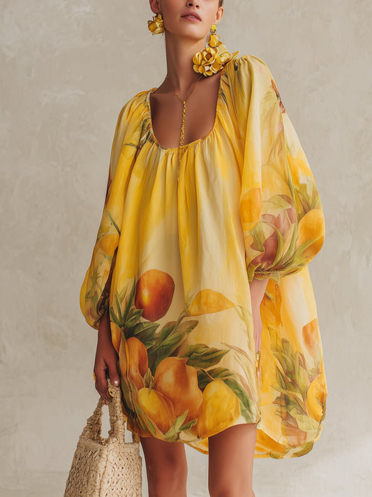 Sunny Yellow Linen Floral Mini Dress