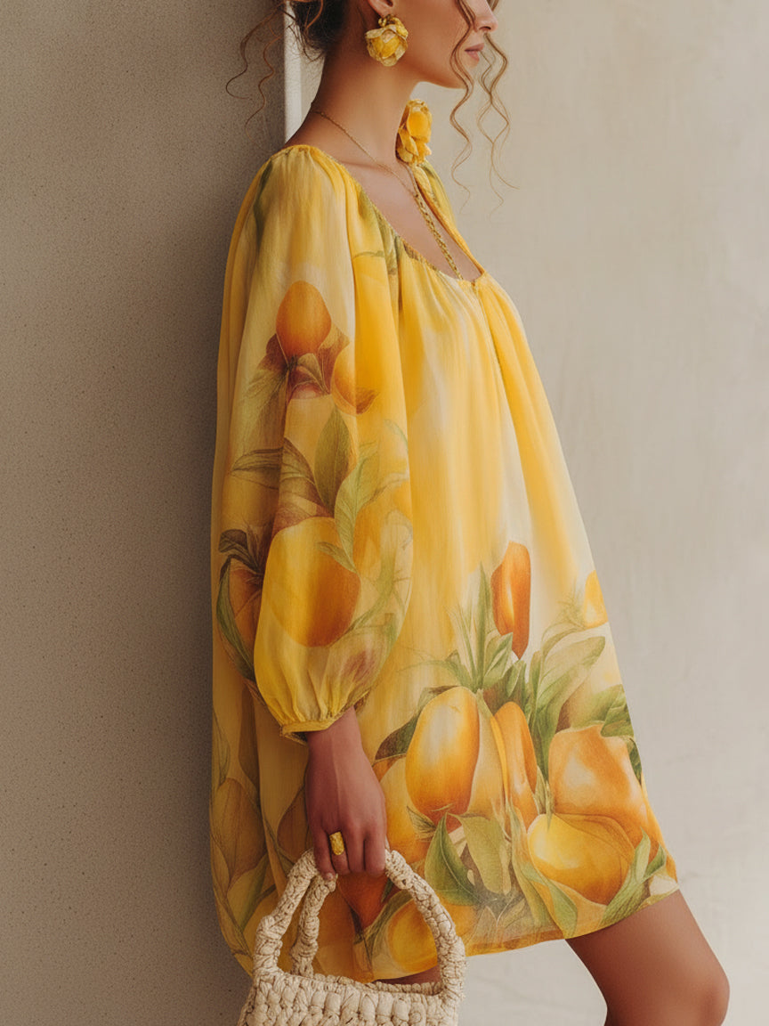 Sunny Yellow Linen Floral Mini Dress