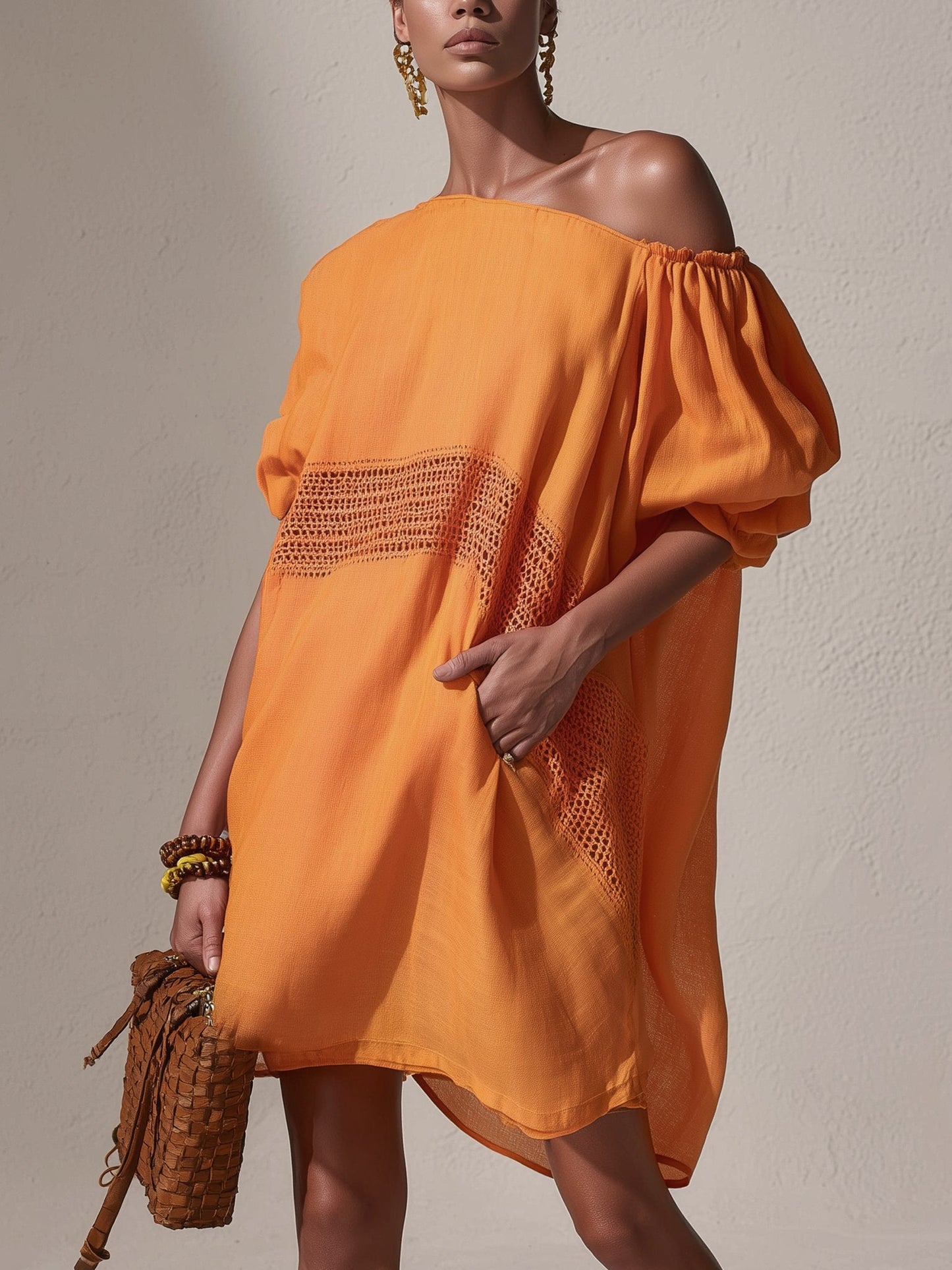 Orange Linen Patchwork Off Shoulder Mini Dress