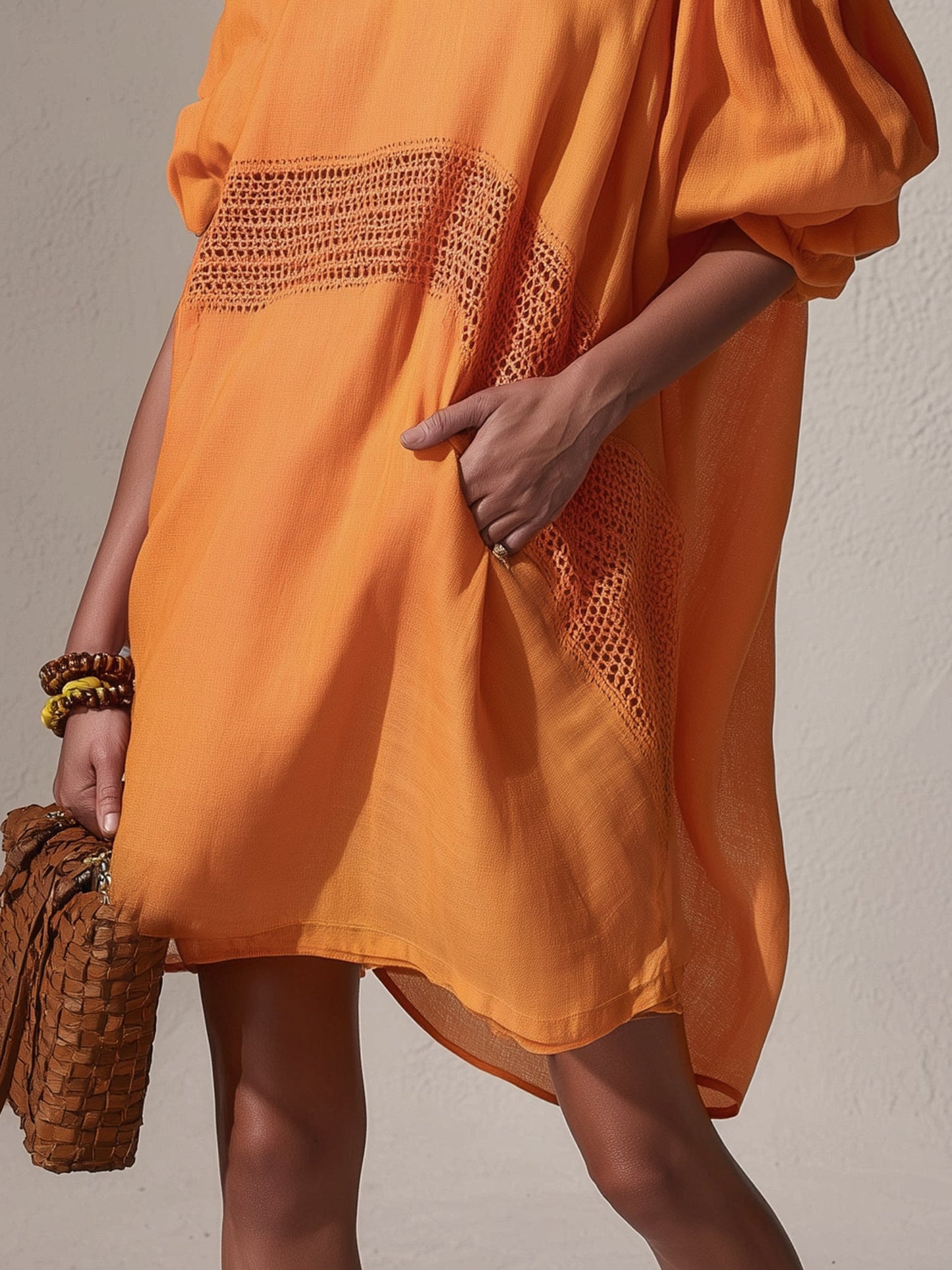 Orange Linen Patchwork Off Shoulder Mini Dress