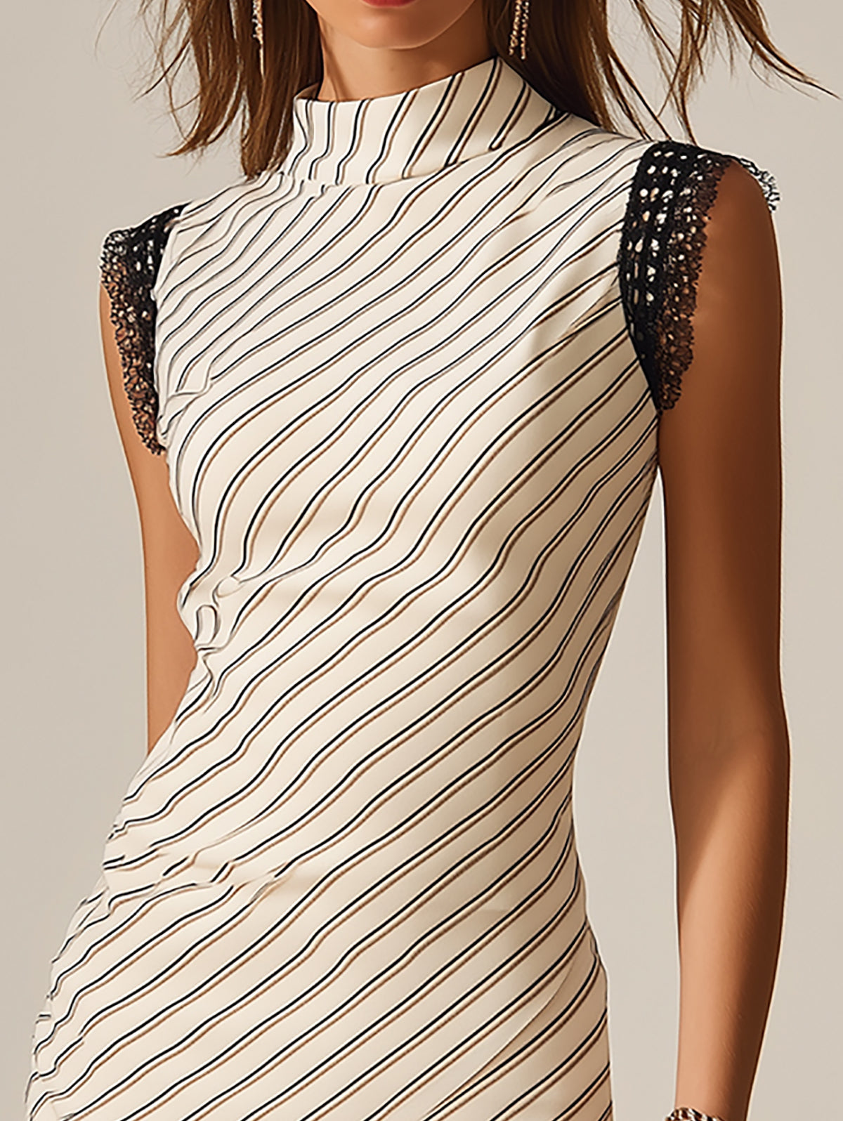 Cream Diagonal Stripe Lace Trim Bodycon Dress