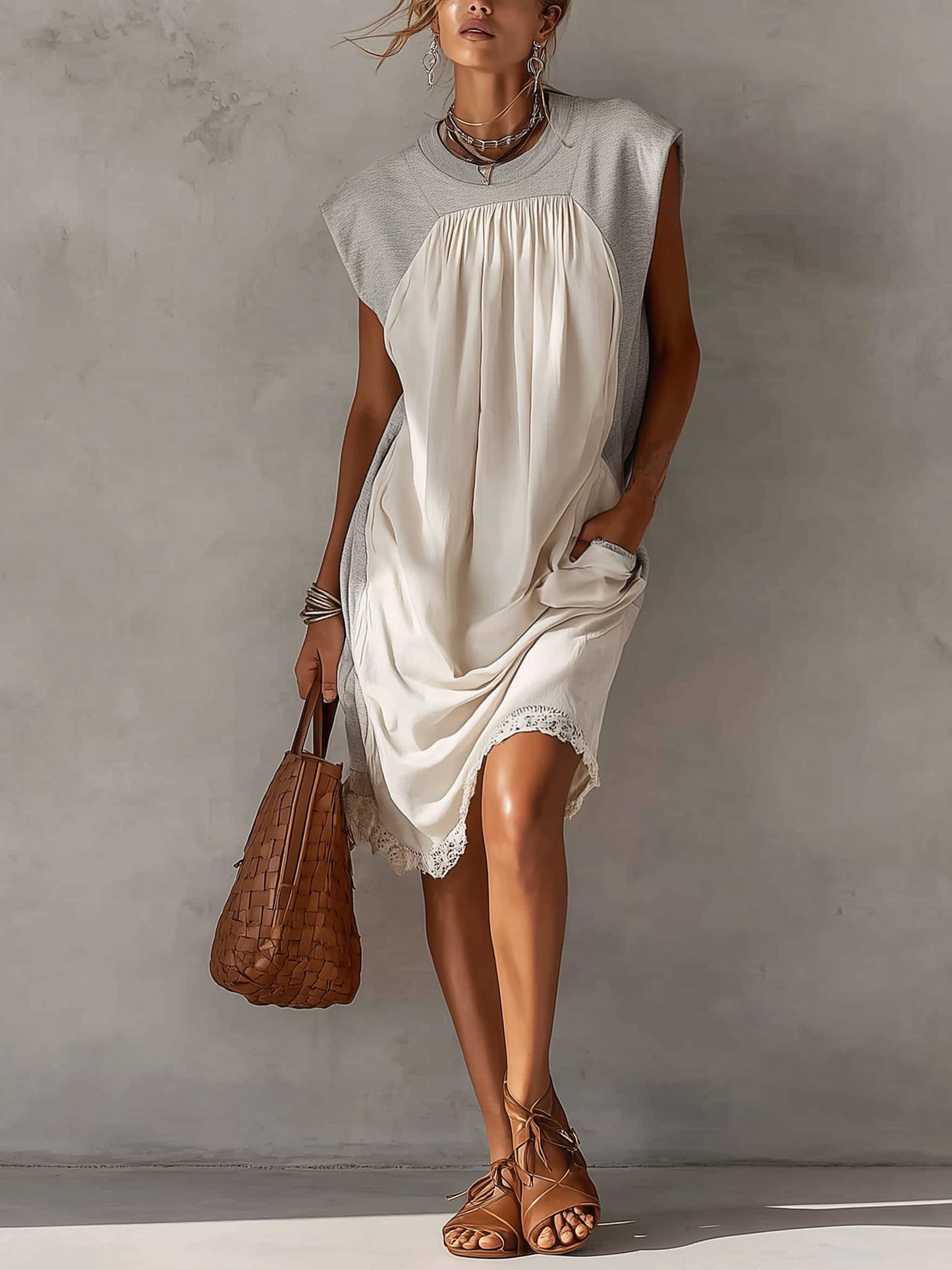 Gray And White Sleeveless Cotton Blend Midi Dress