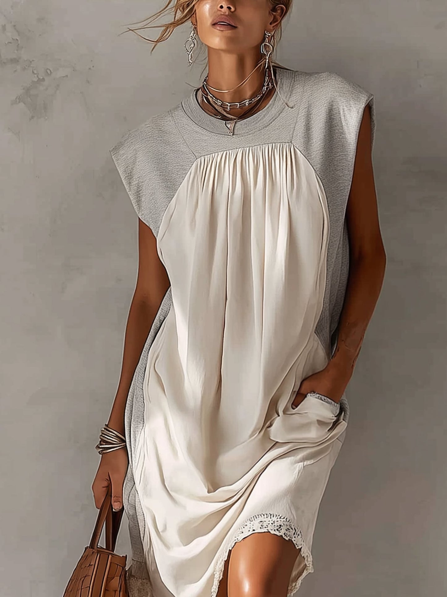 Gray And White Sleeveless Cotton Blend Midi Dress
