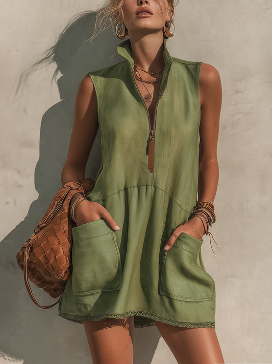 Olive Green Half Zip Linen Blend Mini Dress
