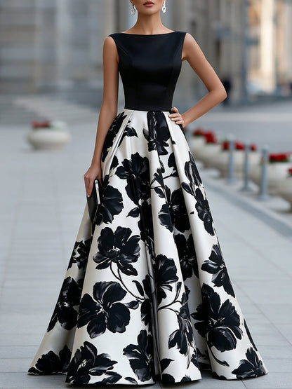 Sleeveless Boat Neck Floral Full Skirt Maxi Dress