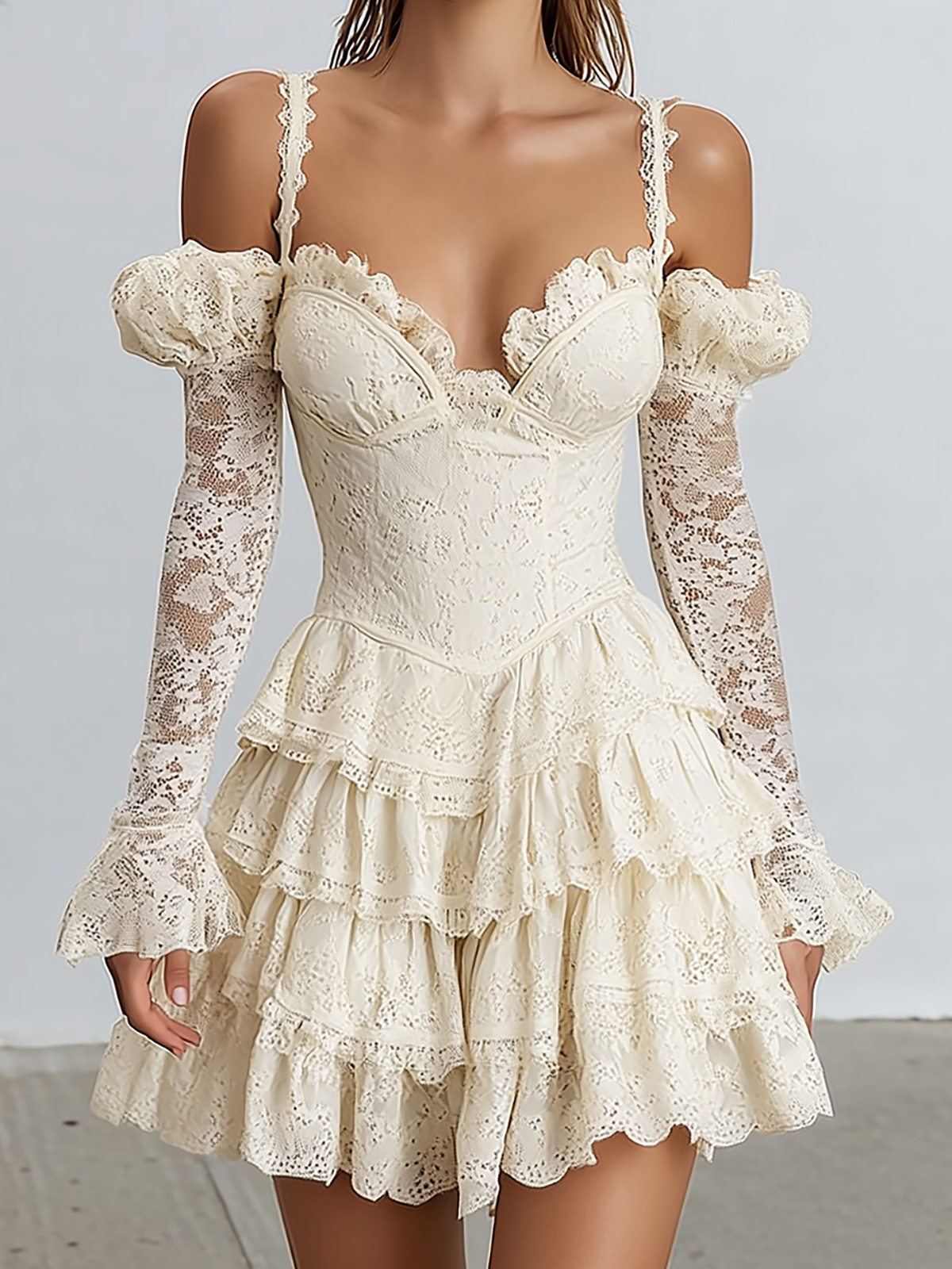 Off Shoulder Lace Corset Tiered Mini Dress