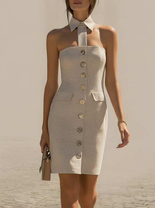 Beige Halter Neck Mini Dress