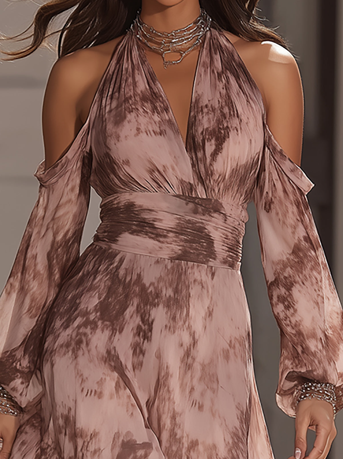 Mauve Tie Dye Chiffon Cold Shoulder Dress